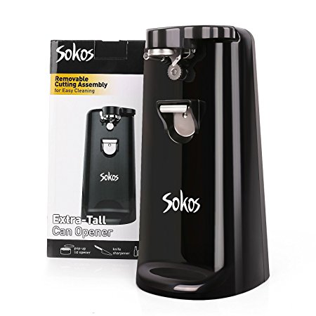 Sokos CN180 Smooth Edge Electric Can Opener with Bottle Opener Pop Top Opener Manual Knife Sharpener, Automatic Kitchen Gadgets for Arthritis and Seniors, Black